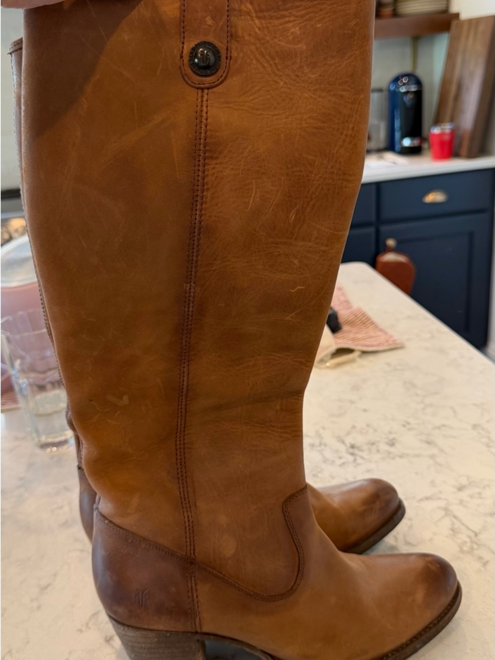 Frye Jackie Button- Classic Tall Leather Riding Boots - Cognac